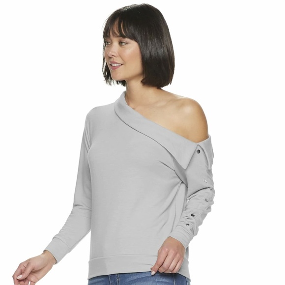 Jennifer Lopez Tops - Jennifer Lopez Gray Off-Shoulder Snap Sweatshirt